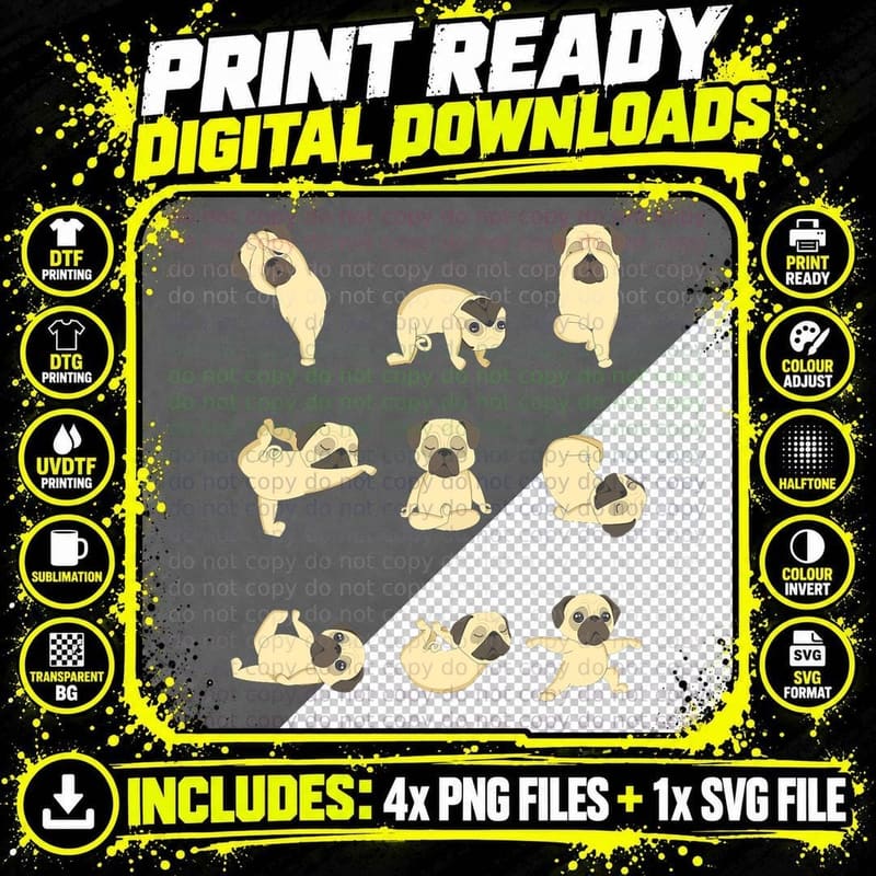 Funny Pug Yoga Positions T-Shirt Png SVG Digital Bundle