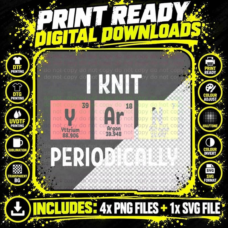 Funny Scientist Knitting I Knit Yarn Periodically Png SVG Digital Bundle
