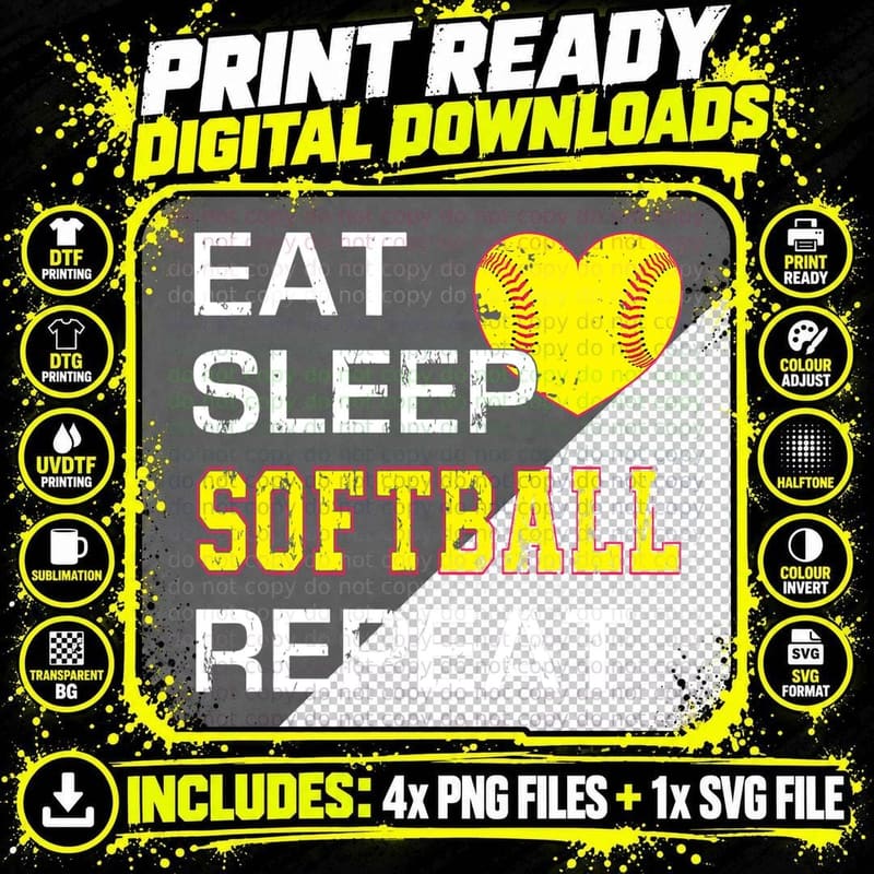 Funny Softball Eat Sleep Softball Repeat for Girls Png SVG Digital Bundle