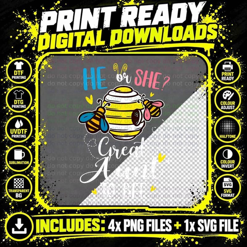 He or She Great Aunt to Bee Gender Reveal Funny Gift Png SVG Digital Bundle