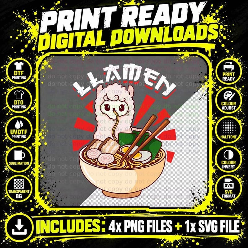 Llama Eating Ramen Noodles Japanese Funny Llamen Noodle Png SVG Digital Bundle