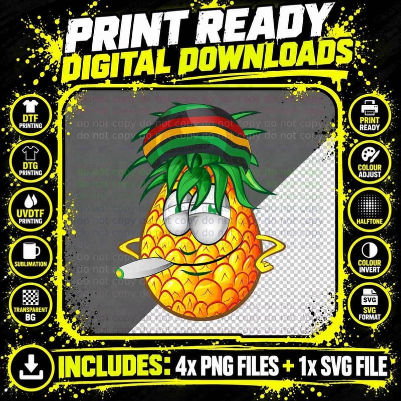 Marijuana Smoking Funny Pineapple Rasta Weed Stoner 420 Png SVG Digital Bundle
