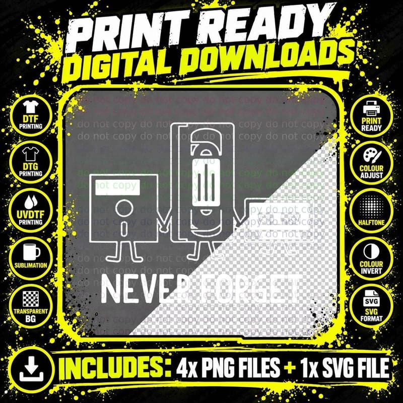 Never Forget Funny Vintage Cassette Floppy Disk VHS Tape Png SVG Digital Bundle