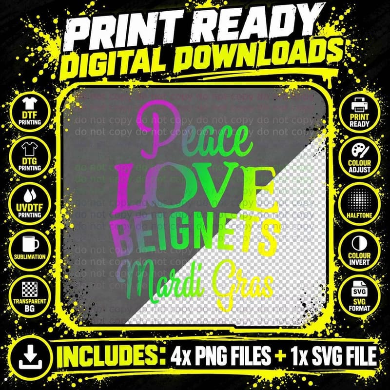 Peace Love Beignets Donuts Funny Mardi Gras Carnival Png SVG Digital Bundle