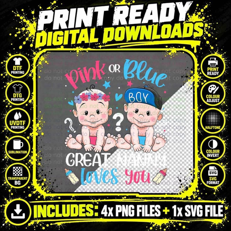 Pink or Blue Great Nanny Loves You Funny Gender Reveal Png SVG Digital Bundle