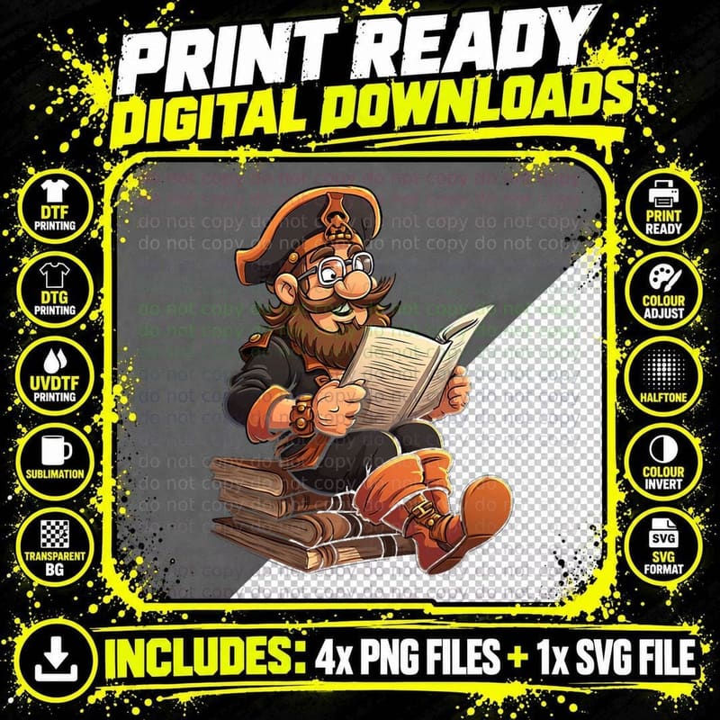 Pirate Reading Book Funny Book Reader Bookworm Librarian Png SVG Digital Bundle