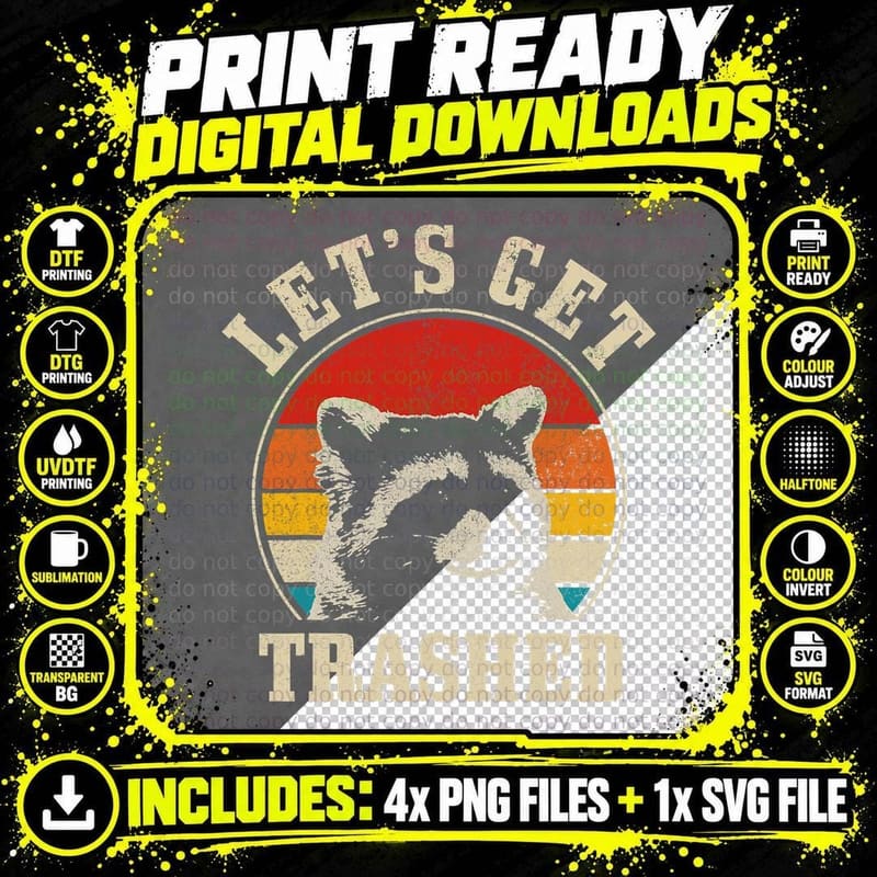 Raccoon Let's Get Trashed Vintage Retro Racoon Funny Png SVG Digital Bundle