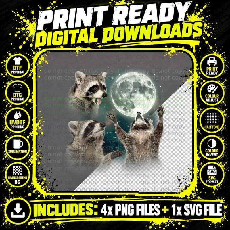 Raccoon Shirt 3 Racoons Howling at Moon Funny Weird Png SVG Digital Bundle