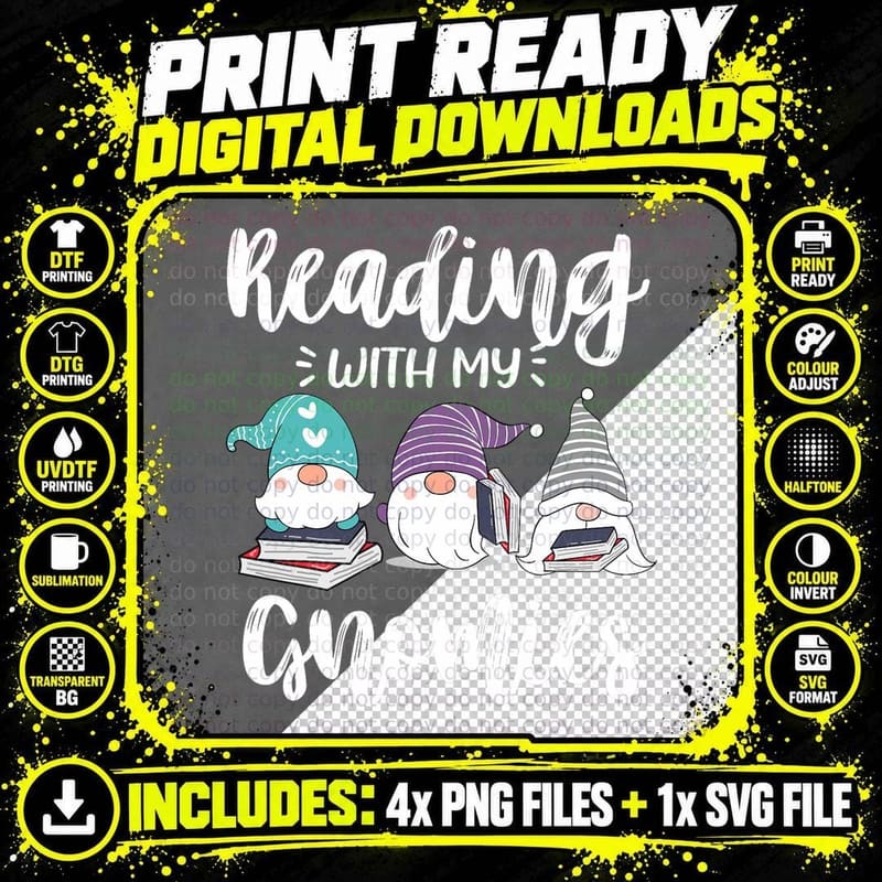 Reading with My Gnomies - Funny Gnomes Book Lover & Nerd Png SVG Digital Bundle