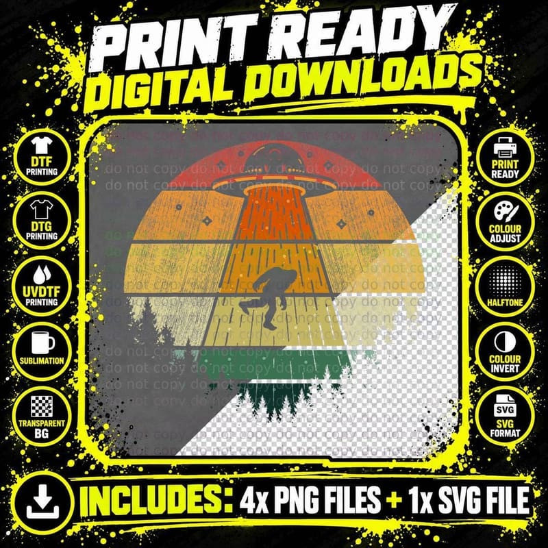 Retro Vintage Bigfoot UFO Abduction Funny Sasquatch Png SVG Digital Bundle