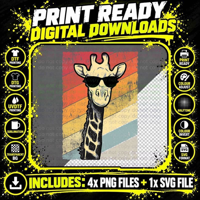 Retro Vintage Giraffe Sunglasses Gift Funny Animal Lover Png SVG Digital Bundle