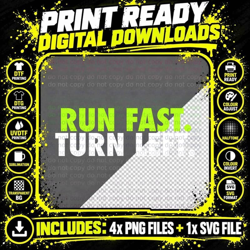 Run Fast Turn Left - Funny Track Runner Motivational Png SVG Digital Bundle