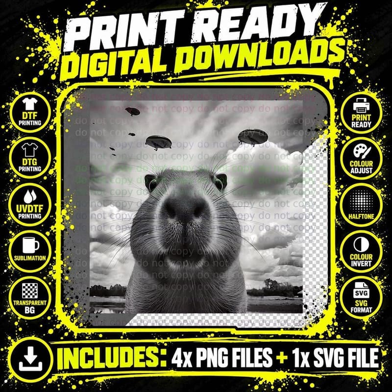 Selfie UFO Capybara Funny Alien UFO Weird Spaceship Png SVG Digital Bundle