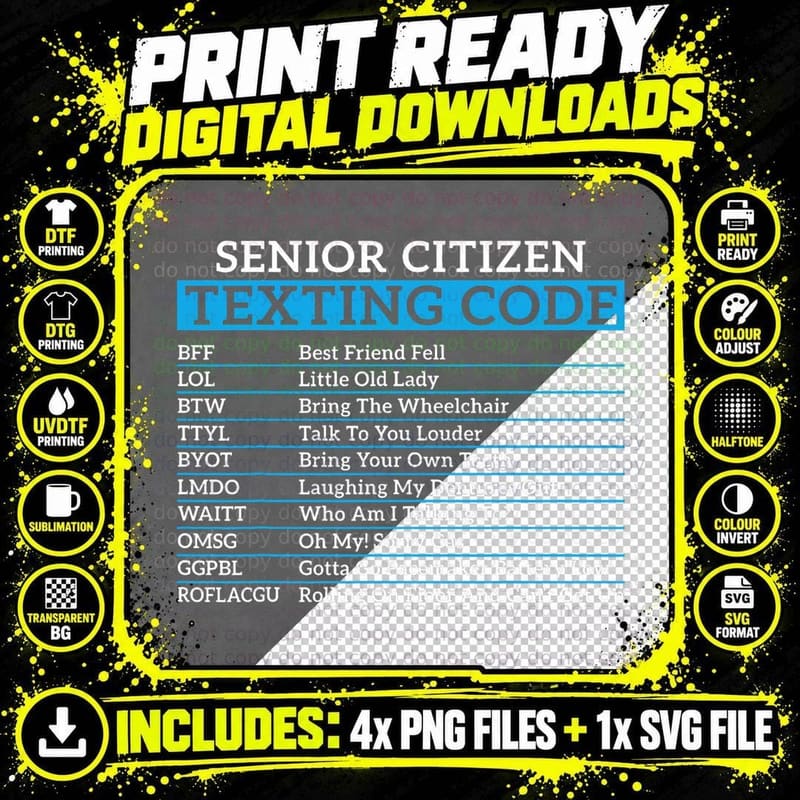 Senior Citizen Texting Code Funny Elderly Blue Design Png SVG Digital Bundle