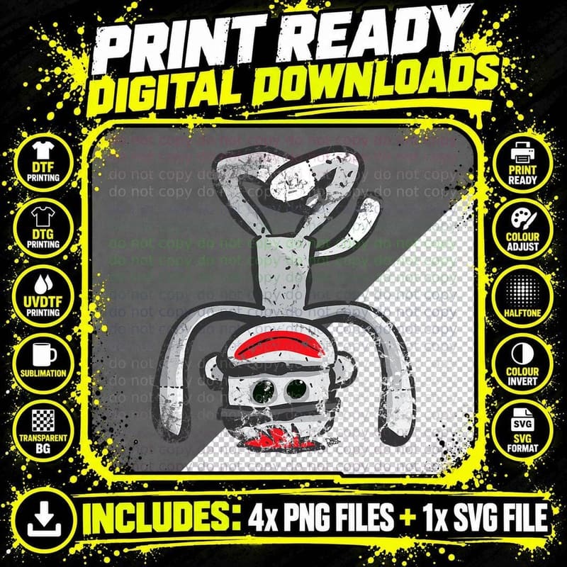 Sock Monkey in Funny Yoga Headstand Pose Distressed Kids Png SVG Digital Bundle