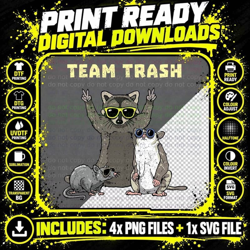 Team Trash Opossum Raccoon Rat, Funny Animals Garbage Png SVG Digital Bundle