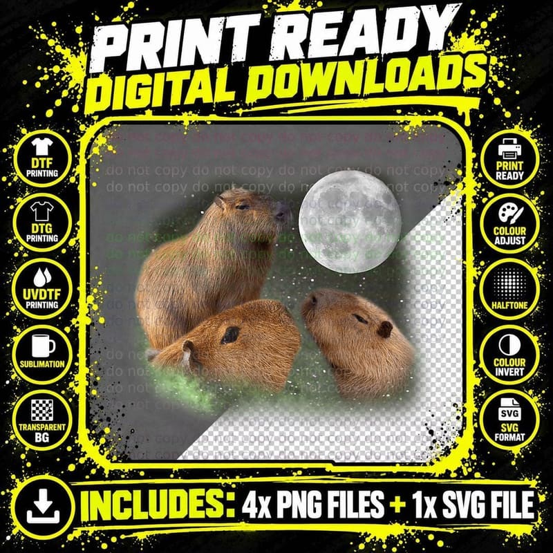 Three Moon Capybaras T-Shirt. Funny Cute Animal Parody Png SVG Digital Bundle