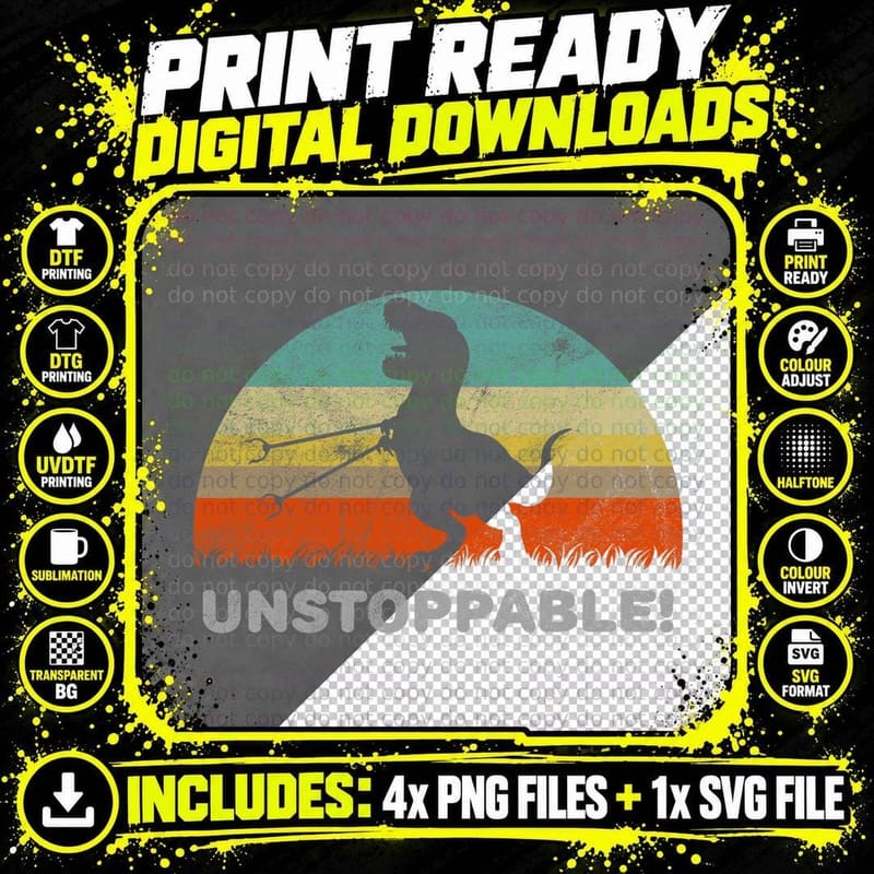 Unstoppable T Rex with Trash Grabber Pickup Tool Funny Png SVG Digital Bundle