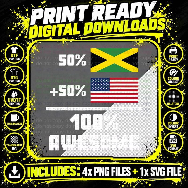50 Jamaican 50 American 100 Awesome Funny Flag T-Shirt Png SVG Digital Bundle