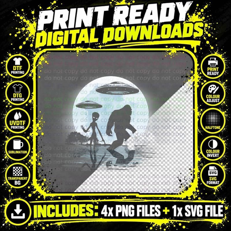 Alien Bigfoot Moon Light Funny Sasquatch Png SVG Digital Bundle