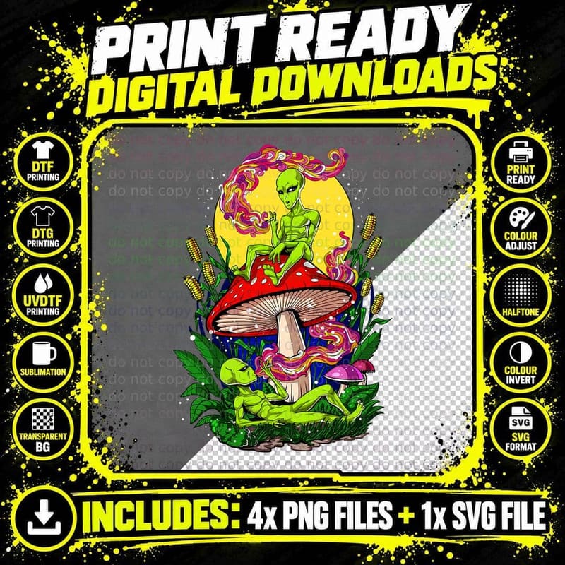 Aliens Hippie Psychedelic Mushrooms Forest Festival Png SVG Digital Bundle