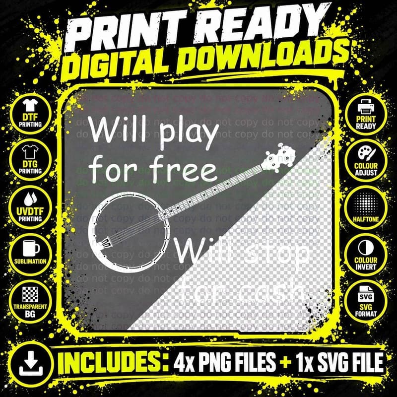 Banjo Bluegrass Players Funny Play for Free T-Shirt Png SVG Digital Bundle