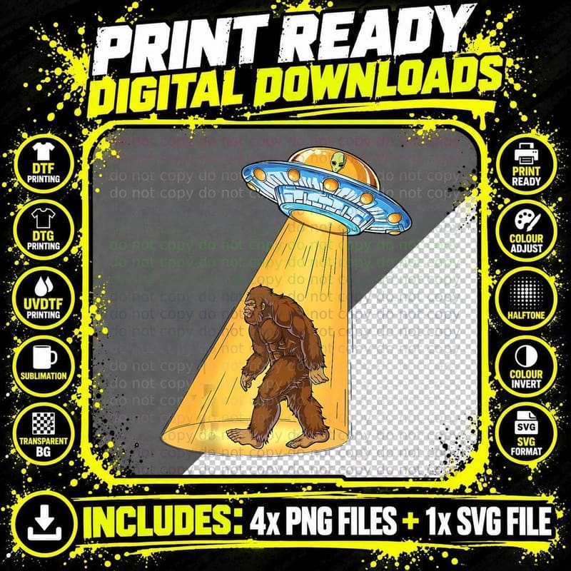 Bigfoot UFO Abduction Funny Sasquatch Alien Flying Png SVG Digital Bundle