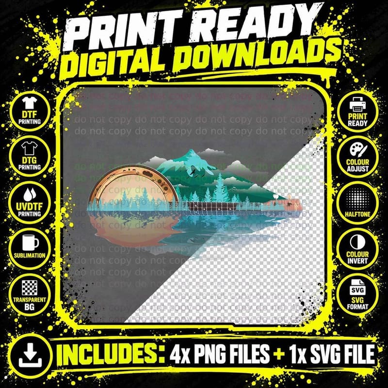 Cool Retro Banjo Mountains & Sun Funny Bluegrass Fan Png SVG Digital Bundle