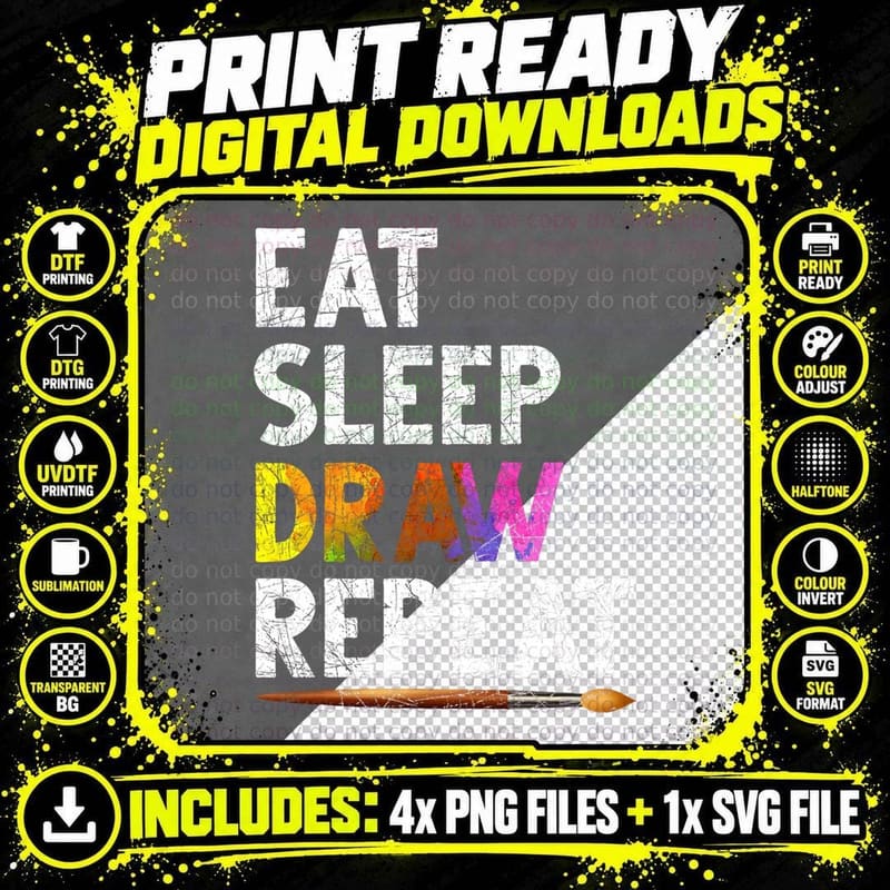 Eat Sleep Draw Repeat Funny Sketching Gift Drawing Png SVG Digital Bundle
