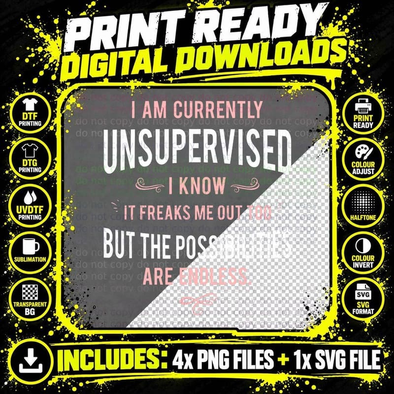 Funny Adult Sarcasm I Am Currently Unsupervised T-Shirt Png SVG Digital Bundle
