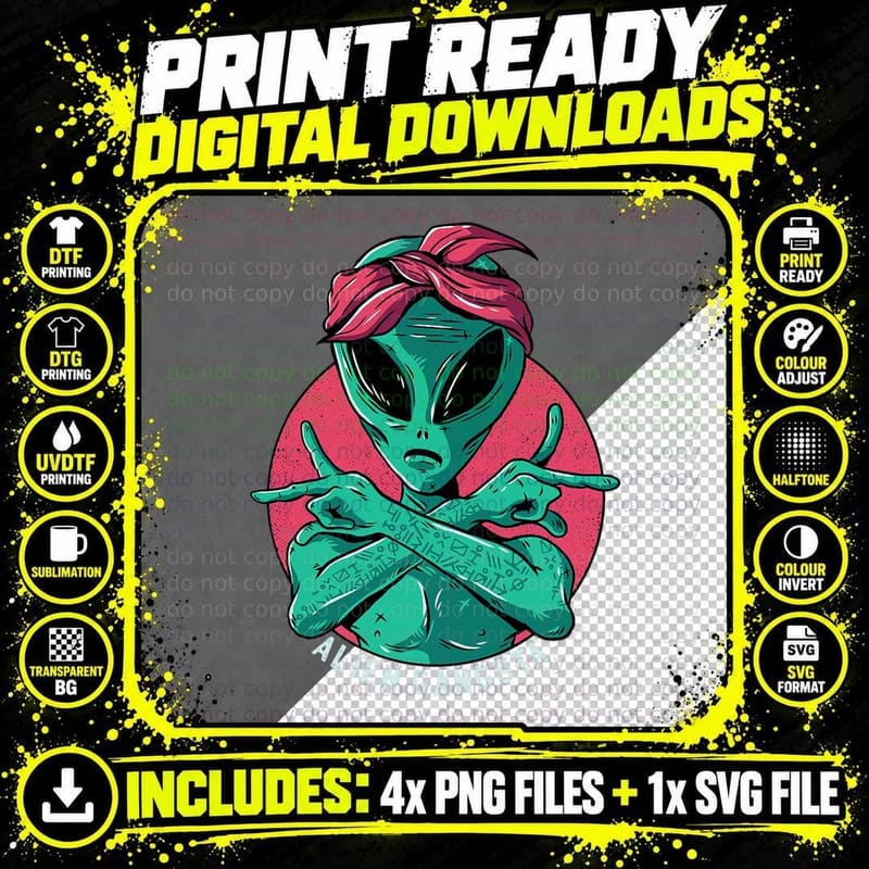 Funny Alien with Bandana, Cool UFO Space T-Shirt Png SVG Digital Bundle