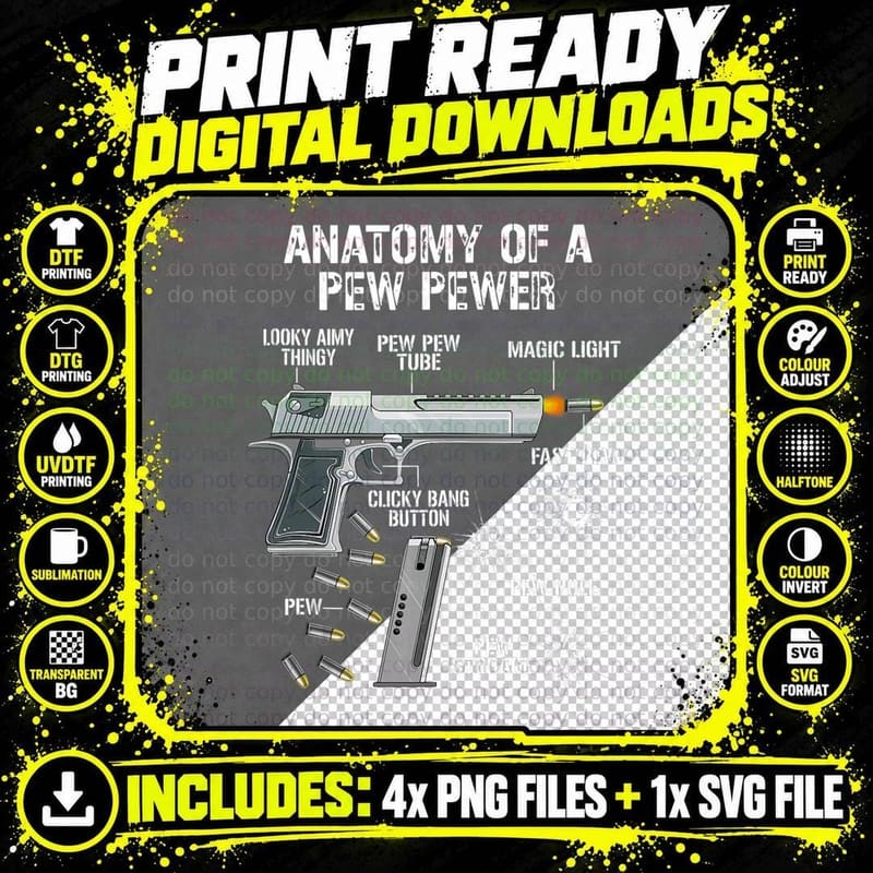 Funny Anatomy of a Pew Pewer - Ammo Gun - Amendment Png SVG Digital Bundle