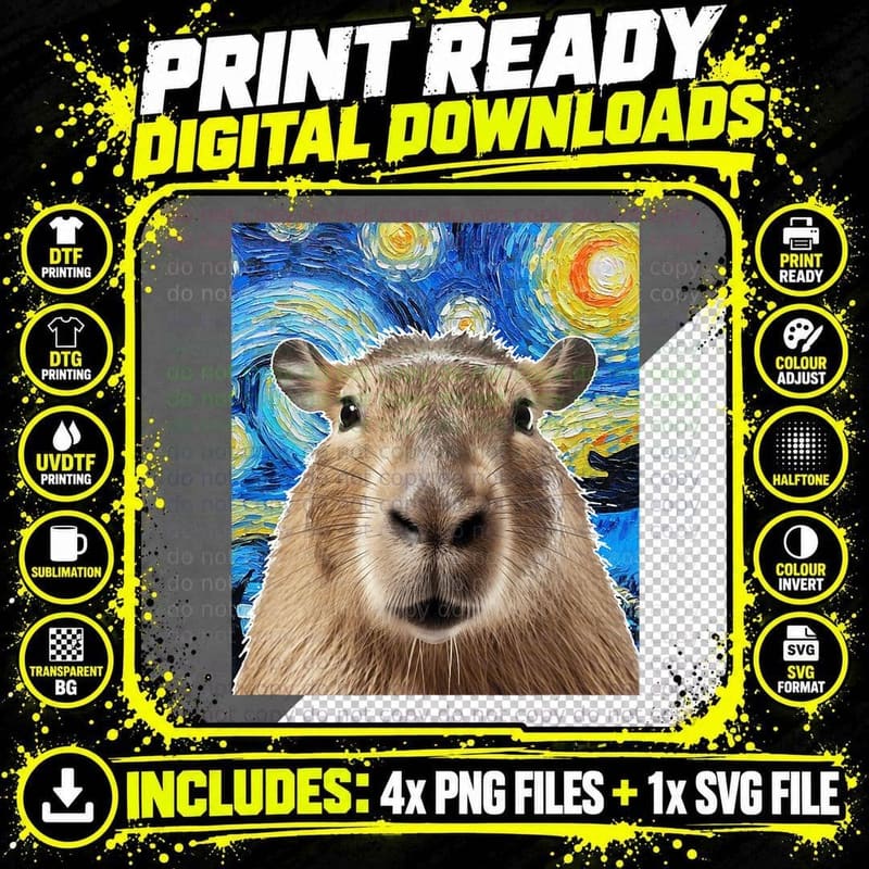 Funny Capybara Van Gogh Famous Painting Men and Women Png SVG Digital Bundle