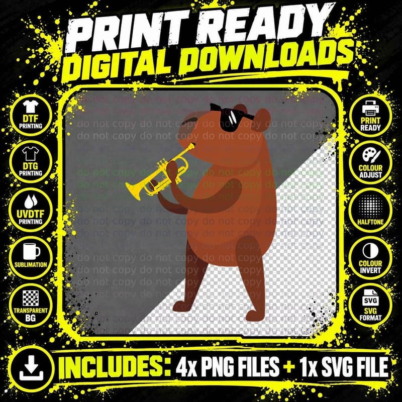 Funny Capybara Wearing Sunglasses Playing Trumpet T-Shirt Png SVG Digital Bundle