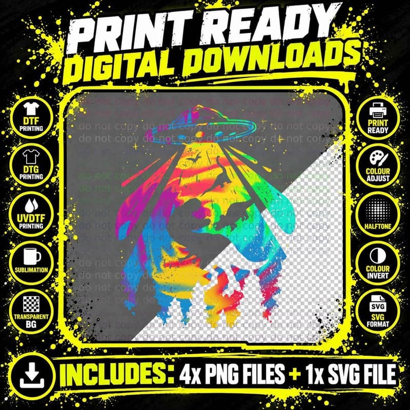 Funny Colorful UFO Alien T-Rex Dinosaurs Abduction Png SVG Digital Bundle