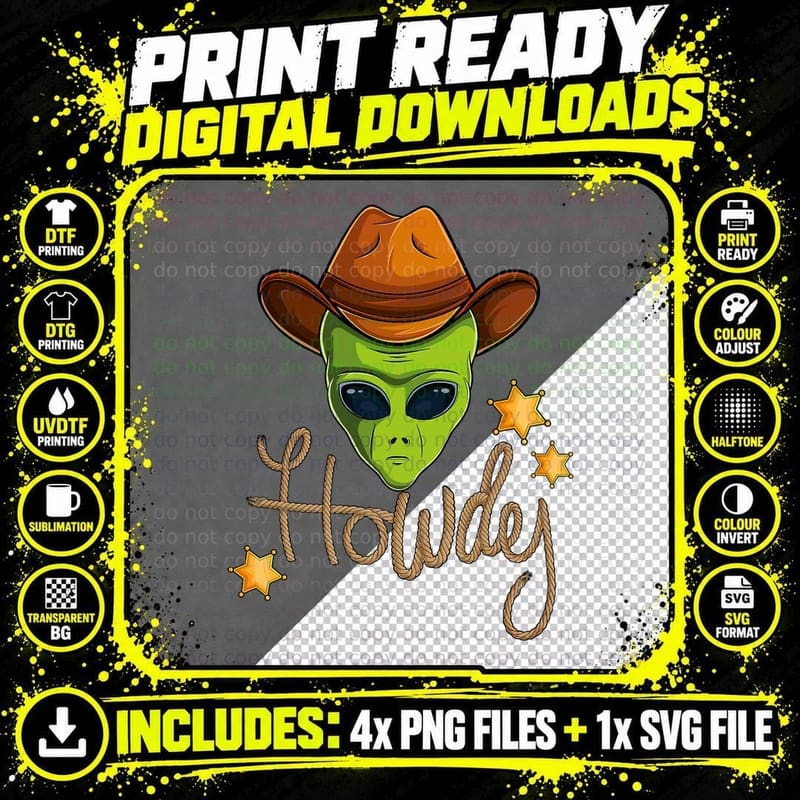 Funny Cowboy Alien Howdy Space UFO Western Rodeo Men Png SVG Digital Bundle