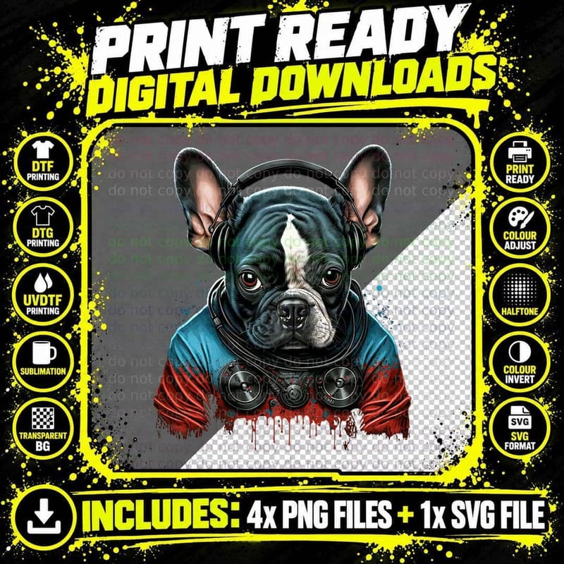 Funny French Bulldog Frenchie DJ Electronic EDM Music Png SVG Digital Bundle