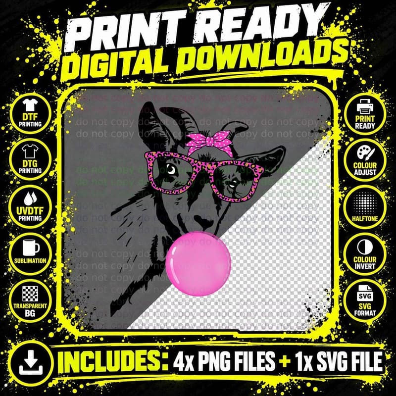 Funny Goat with Bubble Gum Bandana Glasses T-Shirt Png SVG Digital Bundle
