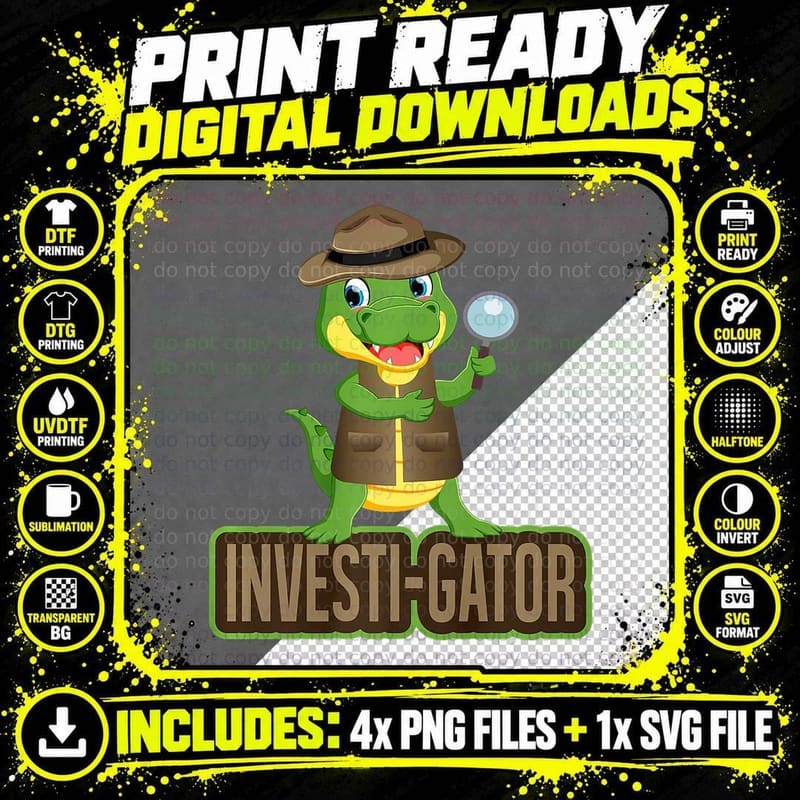 Funny Investi-Gator Pun Alligator Detective T-Shirt Png SVG Digital Bundle