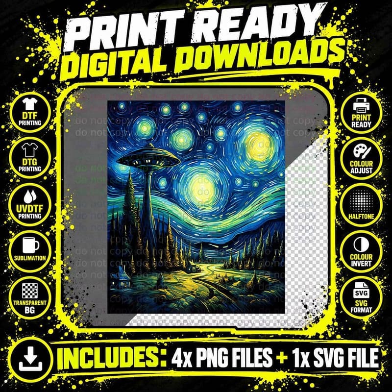 Funny Paint Alien UFO Lover Starry Night Alien UFO Van Png SVG Digital Bundle