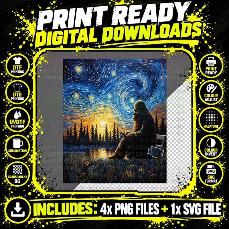 Funny Painting Bigfoot Lover Starry Night Bigfoot Van Png SVG Digital Bundle