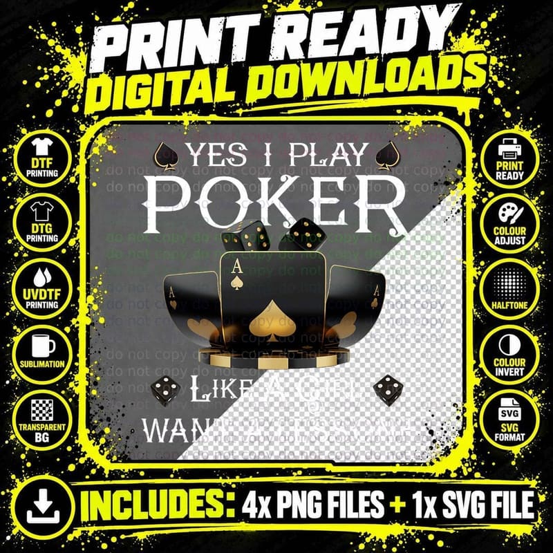 Funny Play Poker Like a Girl Bluffing Aces Spades Card Png SVG Digital Bundle