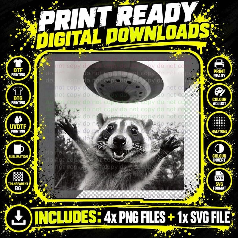 Funny Raccoon UFO Alien Selfie Photo of Raccoon with UFO Png SVG Digital Bundle