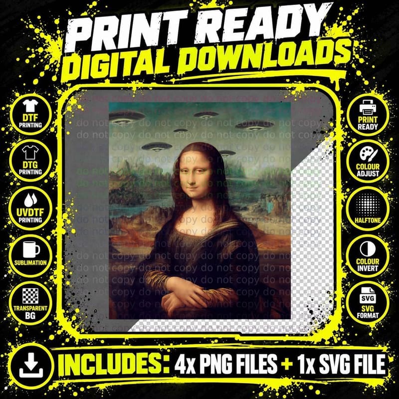 Funny UFO Invasion Mona Lisa Painting T-Shirt Png SVG Digital Bundle