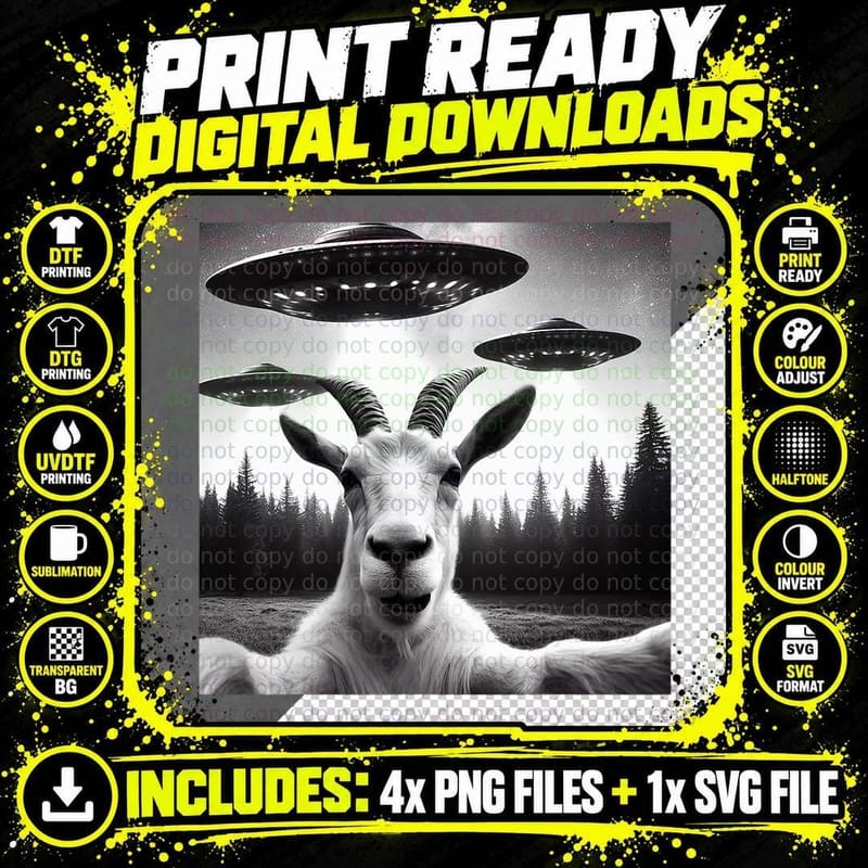 Goat Selfie with Alien UFO Funny Goat Gifts for Men Png SVG Digital Bundle