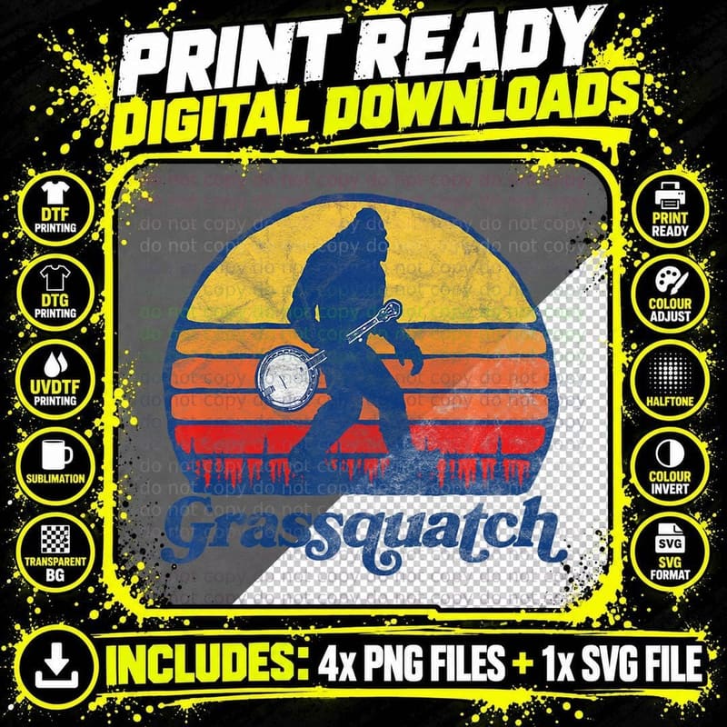 Grassquatch! Funny Bigfoot & Banjo Bluegrass Sasquatch Png SVG Digital Bundle