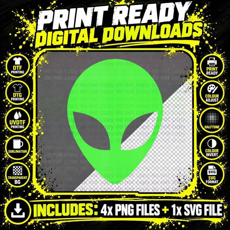 Green Alien Head Apparel 90's Style Clothing Funny Alien Png SVG Digital Bundle