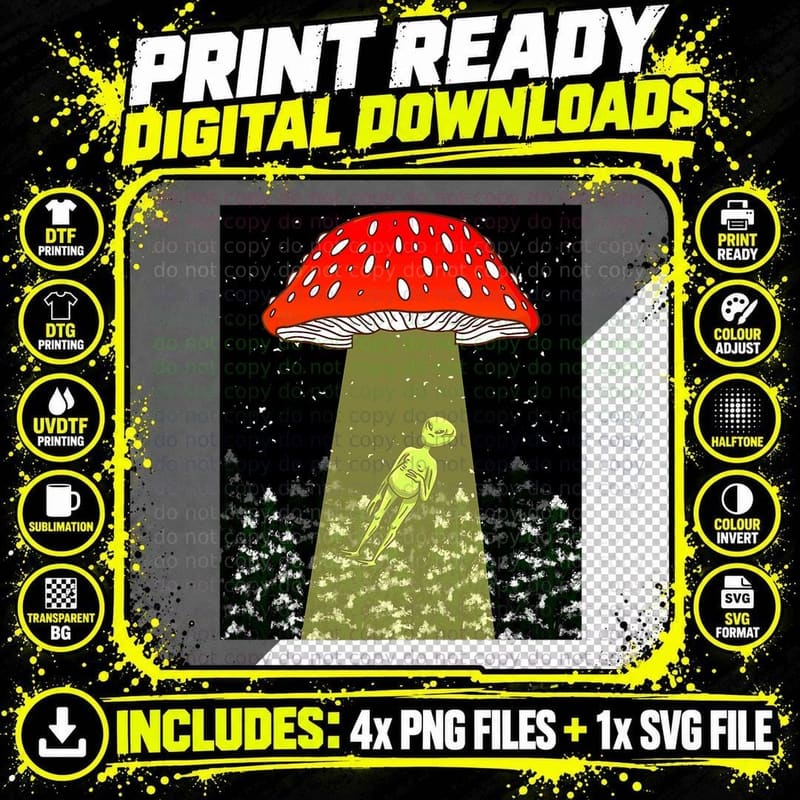 Magic Mushroom UFO Alien Abduction Funny ET Space Pun Png SVG Digital Bundle