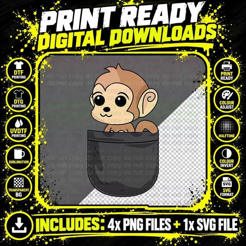 Monkey in Pocket Funny Animal Lover Gift T-Shirt Png SVG Digital Bundle