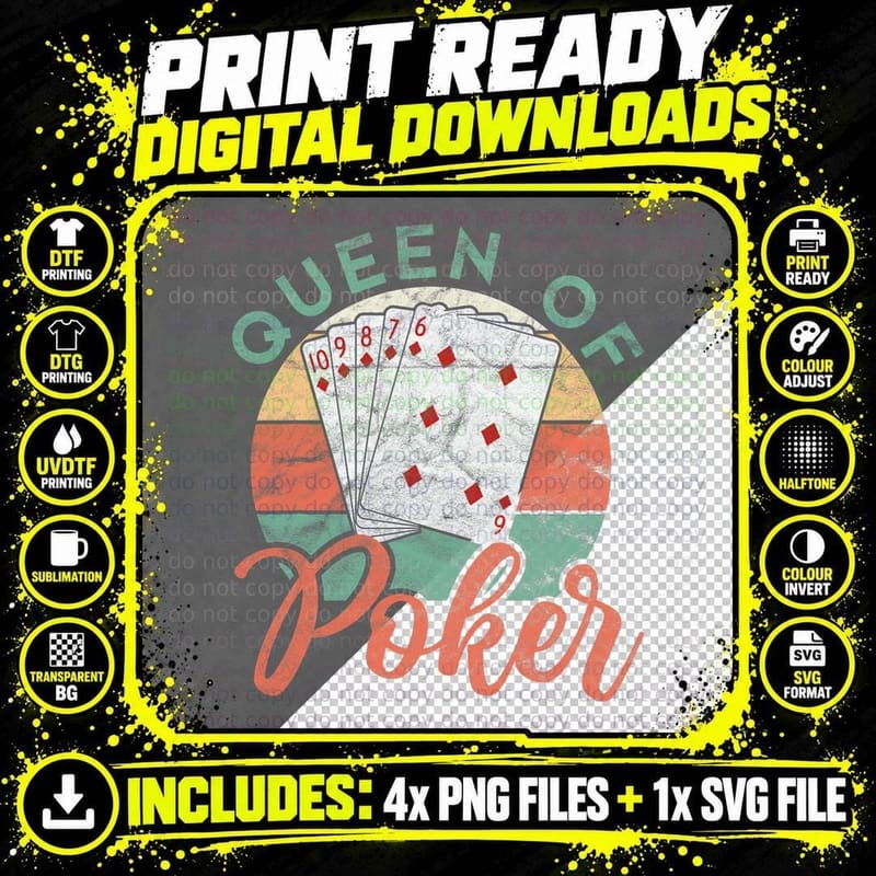 Queen of Poker Funny Card Player Gambling T-Shirt Png SVG Digital Bundle